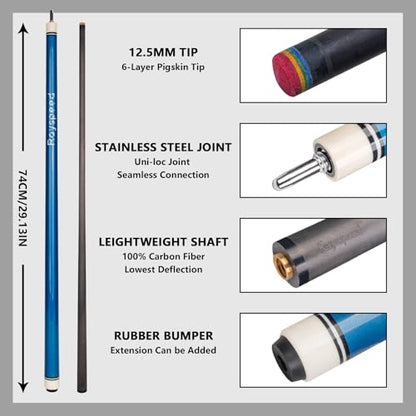 Carbon Fiber Pool Cue Stick 12.5mm Low Deflection Full Carbon Technology Pool Stick for Adults Professional Billiard Cue with Uni-loc Pin Joint - color: Blue