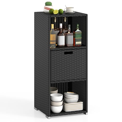 Tangkula Rattan Outdoor Storage Cabinet, Patiojoy Outdoor Wicker Cabinet with 3 Shelves, 1 Removable Drawer, Patio Storage Deck Box for Backyard Poolside Porch - color: Black, size: 19.5" x 19.5" x 43.5"