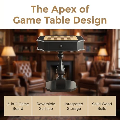 Black Finish Chess Game Table with Turned Pedestal | Hidden Storage Drawer, Reversible Tabletop, Chess & Backgammon Game Board, Sturdy Elegant Base, Side Table - size: 28''-Chess Table Black + Turned Pedestal