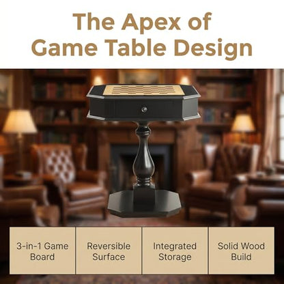 Black Finish Chess Game Table with Turned Pedestal | Hidden Storage Drawer, Reversible Tabletop, Chess & Backgammon Game Board, Sturdy Elegant Base, Side Table - size: 28''-Chess Table Black + Turned Pedestal