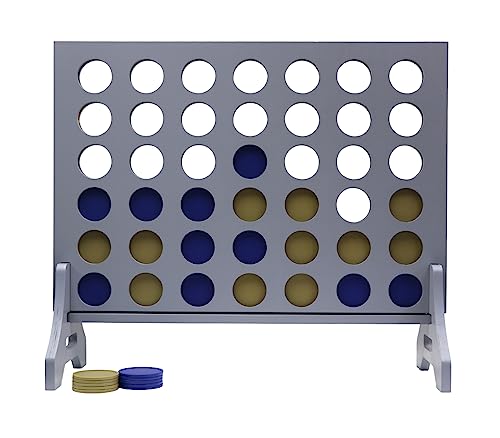 Giant 4 in a Row Game for Family & Adults – Tailgating Pros Jumbo Grey Wooden Four in a Row Indoor & Outdoor Yard Game for Family Party Fun, Portable Activities for Patio, Backyard, and Camping - color: Blue / Gold