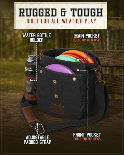 Disc Golf Bag | Frisbee Golf Bag | Easy to Carry | Lightweight Fits Up to 10 Discs | 16 oz Waxed Canvas Sturdy Design | Belt Loop | Double Button Design | Bottle Holder - style: Waxed Canvas / Leather - Black