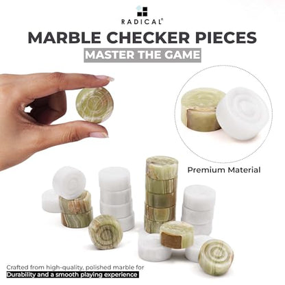 Radicaln Marble Checkers Set 15" Inches White and Green Onyx Handmade Checker Board Game & Draughts Pieces for Outdoor Travel Games, Ideal Stone Chess and Checker Board Games for Adults - color: White and Onyx