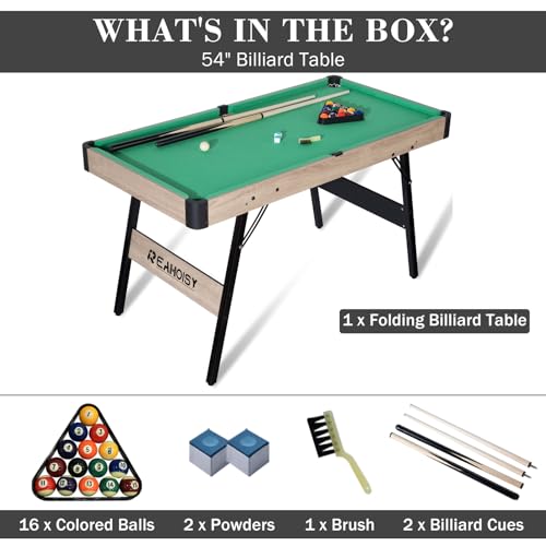Folding Pool Table, Portable Billiard Game Tables for Kids and Adults, Mini Pool Table with Locking Legs, Adjustable Feet, Balls, Cues, Triangle, Chalk, Brush - color: 54-inch/Green