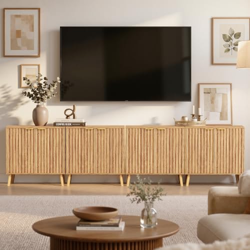 Set of 4 Fluted Storage Cabinet, Buffet Cabinet with Storage, Wood Sideboard with Adjustable Shelf, Modern Accent Cabinet & Console Table for Entryway, Living Room, Dining Room, Natural - color: Natural丨fluted Panel, size: 4 Pieces
