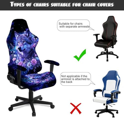 4 Piece Gaming Chair Cover with Armrest Covers Wolf Floral Printed Non-Slip Computer & Gaming Chair Slipcover Easy to Install Universal Fit Office Desk & Racing Computer Gamer Chairs - color: Black and Blue - Wolf Floral