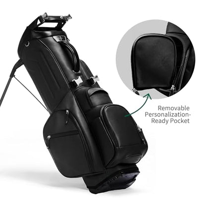 Luxury Faux Leather Golf Stand Bag, 4-Way Full-Length Divider Golf Bag with Carbon Fiber Stand, Cooler Pocket, Ergonomic Straps, Magnetic Pocket, Golf Club Bag with Rain Hood for Men/Women - color: Black