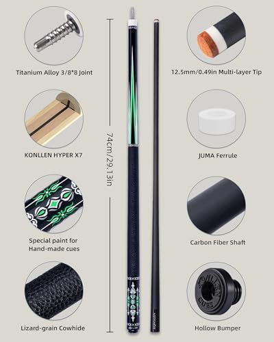 KONLLEN Carbon Fiber Pool Cue 2.0, 58-inch Low Deflection Billiard Stick for Adults with 12.5mm Tip and Pro Taper - color: 017 AMG-1F 2.0 -Green