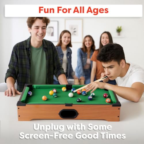 Mini Pool Table - 20-Inch Portable Tabletop Billiards Game with Cue Balls, Sticks, Chalk, Brush, and Triangle Rack - Table Games by Hey Play - style: Mini Billiards
