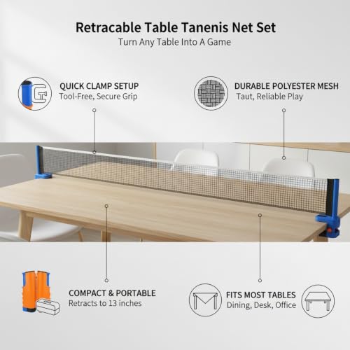 Retractable Table Tennis Net Set, Clamp-On Ping Pong Net for Standard Tables, Portable Polyester Mesh with Quick Setup - color: Orange