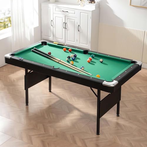 Billiards Table, 5.5 Ft Foldable Pool Table, Balls, Brush, Triangle Rackand, Chalk, for Basements, Adult Rrec Room and Family Game Room - color: Black+Green