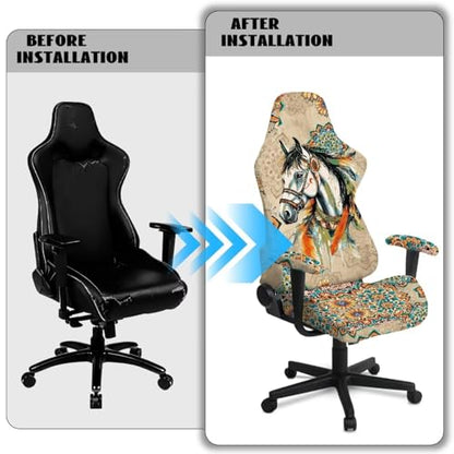 Horse Print Gaming Chair Covers Boho Mandala Flower Print Gamer Chair Cover Set with 2 Armrest Covers for Swivel Rotating Chairs, Machine Washable - color: Brown - Horse Boho Mandala Flower