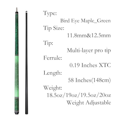 Carbon Fiber Pool Cue,11.8mm/12.5mm Low Deflection Cue Stick,Professional Pool Stick with Case - color: Bird Eye Maple_Green, size: 12.5mm