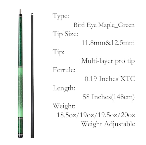 Carbon Fiber Pool Cue,11.8mm/12.5mm Low Deflection Cue Stick,Professional Pool Stick with Case - color: Bird Eye Maple_Green, size: 11.8mm