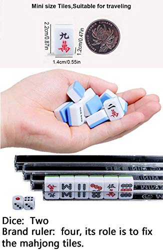 Miniature Chinese Mahjong Game Set with Foldable Table 144 Mini-Tiles, Case, and Accessories, Travel Set (Blue, 22MM) - color: Blue