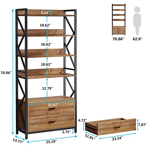 Tribesigns Bookshelf with Drawers, 70.8" Industrial Bookcase with 2 Drawers, 5 Shelf Open Shelf for Storage, Wood Book Shelf for Living Room, Bedroom, Home, Office (1, Rustic Brown)