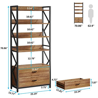 Tribesigns Bookshelf with Drawers, 70.8" Industrial Bookcase with 2 Drawers, 5 Shelf Open Shelf for Storage, Wood Book Shelf for Living Room, Bedroom, Home, Office (1, Rustic Brown)