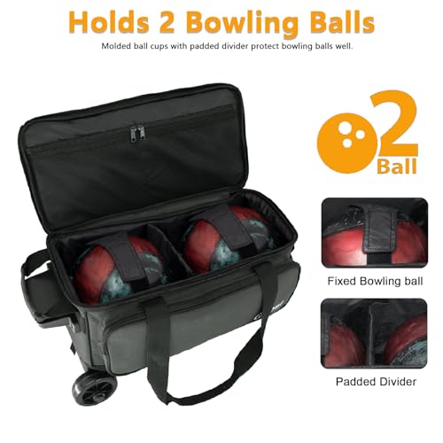 Goloni Double Roller 2 Ball Bowling Bag with Separate Shoe Compartment,2 Ball Bowling Bag with Wheels,Retractable Handle Extends to 40" - color: Dark Grey