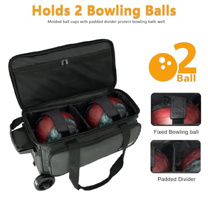 Goloni Double Roller 2 Ball Bowling Bag with Separate Shoe Compartment,2 Ball Bowling Bag with Wheels,Retractable Handle Extends to 40" - color: Dark Grey