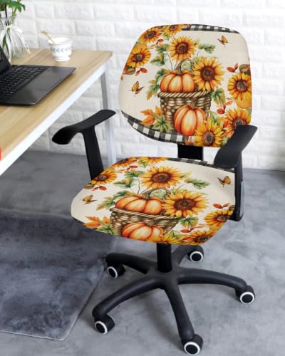 Savannan Office Chair Cover, Thanksgiving Fall Pumpkin Sunflower Protective Stretch Elastic Universal Cover for Desk Task Chair,Computer Rotating Chair 1 Pcs Maple Leaf Butterfly Linen