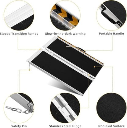 4 Feet Portable Wheelchair Ramp 600LBS Capacity Non-Skid Aluminum Handicap Ramps,Seamless Folding Threshold Ramp Wheel Chair Ramp for Doorways - size: 4Ft