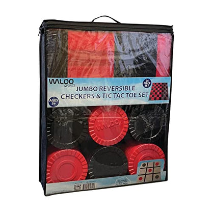 Waloo Sports Jumbo Reversible Checkers & Tic Tac Toe Play Set - Indoor or Outdoor 2 in 1 Jumbo Game with Carrying/Storage Bag