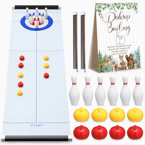 Capoda Tabletop Curling and Bowling Games Baby Shower Game Set Include 8 Curling 6 Bowling 1 Mat 2 Magnetic Strip for Indoor Birthday Bridal Shower Gender Reveal Table Decoration Supplies(Woodland) - style: Woodland