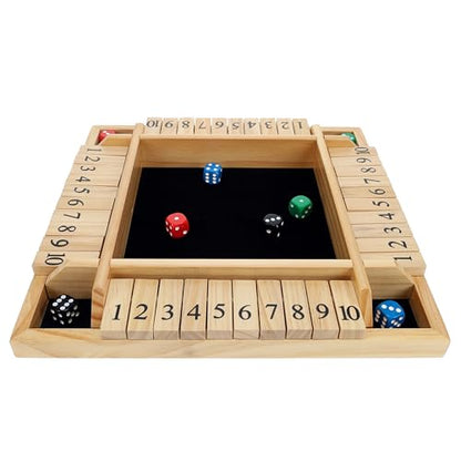 Pacific Shore Games Shut the Box Game 4 Player, Natural Wood, Dice Games, Wooden Board Games for Adults, 10 Number Tiles, 12 inch Board - color: Natural