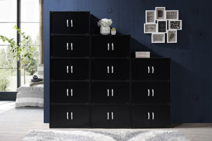 Hodedah HID44 8 Door 4 Shelf Modern Wooden Heavy Duty Floor Mount Multipurpose Storage Bookcase Cabinet with Installation Hardware, Black