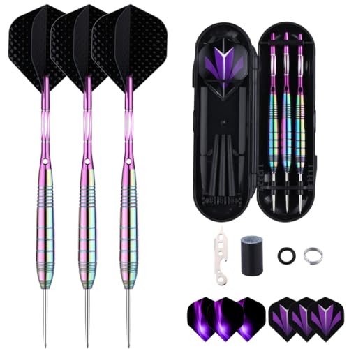 Steel Tip Darts Set for Dartboard, Professional Brass Darts Metal Tip Black Purple Aluminium Nylon Shafts 9 Flights 50 Rubber O-Rings 12 Spring Rings 1 Dart Sharpener Tool 24/27 Grams - color: 24 grams---Colorful