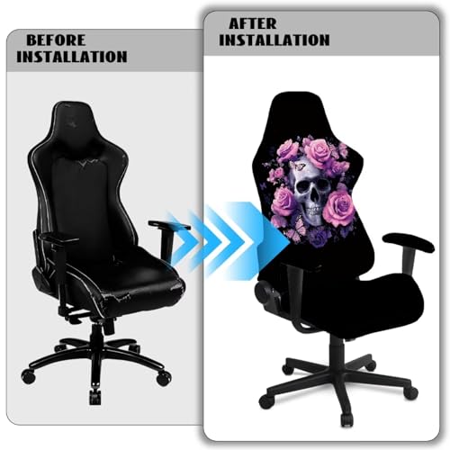 Elastic Gaming Chair Covers Slipcovers 4Pcs with Armrest Cover Skull Rose Butterfly Print Gamer Desk Chair Covers Universal Fit for Desk/Swivel/Rotating Chairs Protector - color: Black and Pink - Skull Rose Butterfly