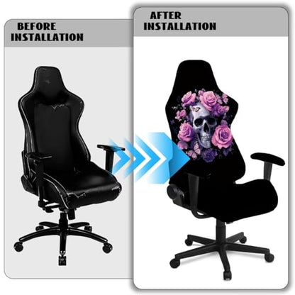 Elastic Gaming Chair Covers Slipcovers 4Pcs with Armrest Cover Skull Rose Butterfly Print Gamer Desk Chair Covers Universal Fit for Desk/Swivel/Rotating Chairs Protector - color: Black and Pink - Skull Rose Butterfly