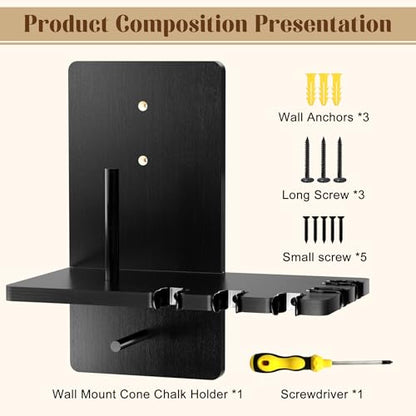 Black Wall Mounted Cone Chalk Holder,Wood Pool Cue Rack with 5-Slot Metal Rubber Clamps,Wall Mount Billiard Accessories for Home, Bar, Game Room & Pool Club