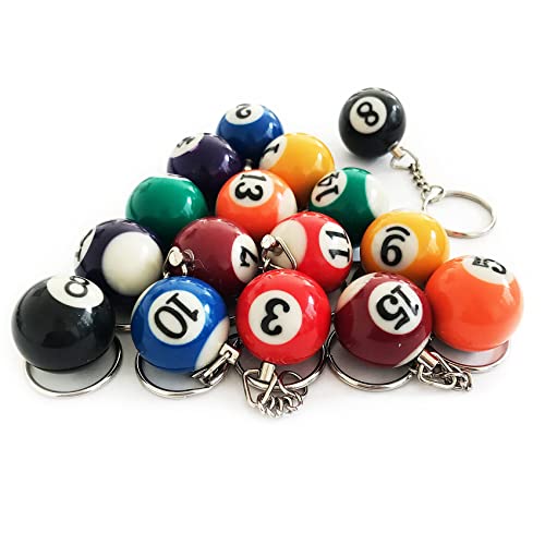 Colorful Billiard Ball 16 Pcs,Mini Key Chain Balls Eightball Billar Chains Accessories