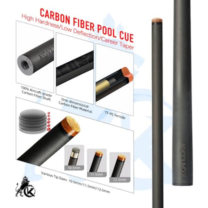 KONLLEN 58 Inch 19oz Carbon Fiber Pool Cue Stick | low deflection,10.5/11.5/12.5mm tips,weight-adjustable design,3/8x8 joint,handcrafted inlay,premium handle - color: AS-2F-12.5mm