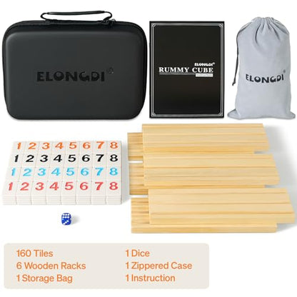 ELONGDI Rummy Cube 6 Player Large Numbers Edition, 160 Rummy Tiles with 6 Wooden Racks, Portable Case & Storage Bag - Classic Board Game for Family Adults & Kids