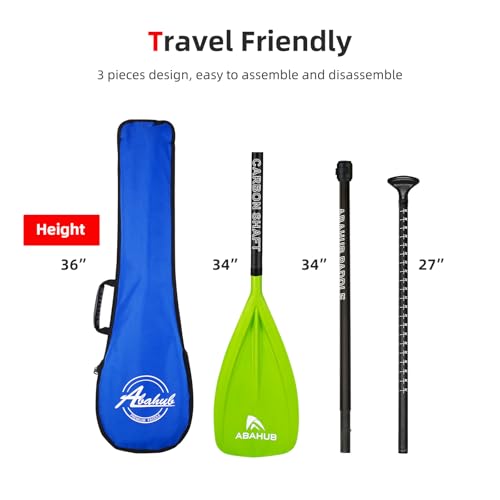 Abahub 1 x 3 Section Carbon Fiber SUP Paddle, Adjustable 67''-86'' Stand Up Paddle Lightweight Carbon Shaft, Black/Blue/Yellow/Green/Orange/Red Plastic Blade + Paddle Bag - color: Green-SUP Paddle