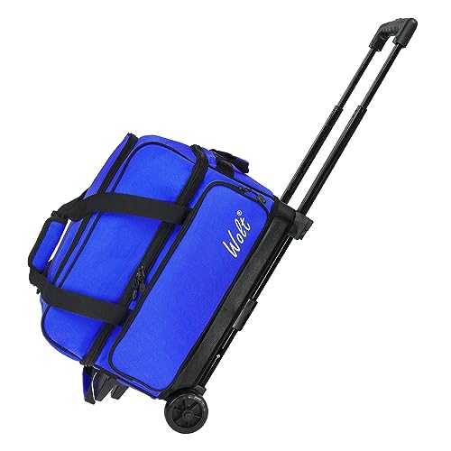 WOLT Double Roller 2 Ball Bowling Bag with Separate Shoe Compartment, Large Capacity Bowling Ball Bag with Accessory Pocket, Retractable Handle Extends to 40" - color: Blue