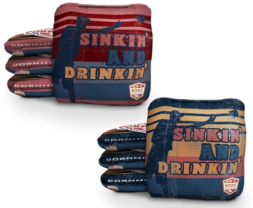 Professional Cornhole Bags Set of 8 Regulation Patriotic Series Resin Filled Pro Bean Bags Dual-Sided Slick and Stick - color: Sinkin & Drinkin