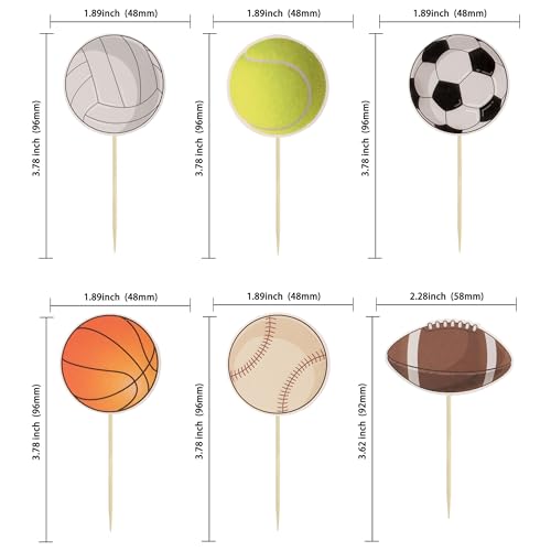 36Pcs Sports Cupcake Toppers Basketball Cupcake Toothpicks Soccer Ball Football Baseball Volleyball Rugby Cake Decorations for Sports Ball Game Theme Baby Shower Birthday Party Decoration Supplies - style: Sports Ball