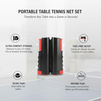 Portable Table Tennis Net Set with Telescopic Clamp, Tool-Free Setup for Dining Tables & Desks, Compact Storage - color: Black
