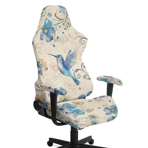 4 Pieces Gaming Chair Slip Cover Set Hummingbird Floral Print Computer Desk Chair Cover with Armrest Covers Universal Fit Home Decorations - color: Brown and Blue - Hummingbird Floral