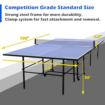 Table Tennis Table Mid-Size, Foldable Ping Pong Table Top Full Size with 2 Paddles, 2 Balls, 1 Net & 4 Wheels, Folding Table Tennis for Indoor & Outdoor, Quick Assembly to Support Multiplayer - size: 9ft