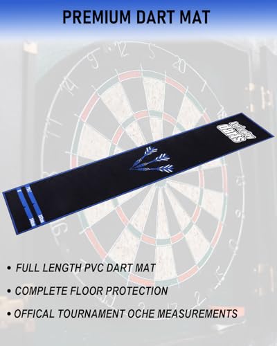Professional Darts Mat with Oche Line System & Throw Lines – Premium Dart Mat for Floor Steeldart & Soft Darts | 260x60 cm | with Throwing Line - Ideal as a Gift - style: Blue Darts