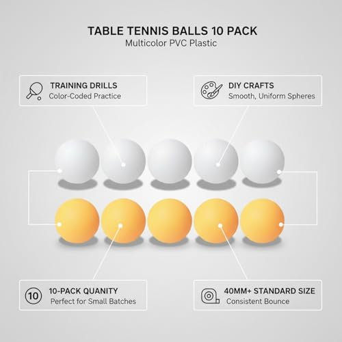 Table Tennis Balls 10 Pack, Multicolor 40mm+ PVC Plastic Ping Pong Balls for Training Drills and DIY Crafts (10-Pack)