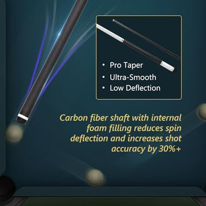 Carbon Fiber Pool Cue Stick with 12.5mm Tips Professional Pool Stick for Adults Low Deflection Pool Cue Full Carbon PRO Taper Shaft, Genuine Leather Wrap, Uni-Loc Joint, 58inch, 19oz