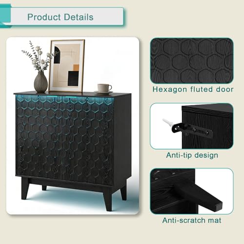 Black Sideboard Cabinet with LED Lights, 2-Door Accent Storage Cabinet with Hexagon Embossed Door, Freestanding Buffet Cabinet for Living Room, Kitchen, Entryway, 31.5" x 15.8" x 31.5"