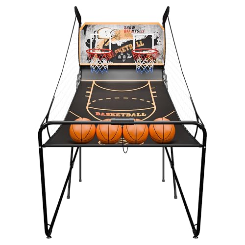 JupiterForce Foldable Indoor Basketball Arcade Game, Electronic Dual Shot Basketball Hoop Arcade Game Machine with 4 Balls and LED Scoring for 2 Players Home Play, Adults (Black Gold) - color: Black Gold