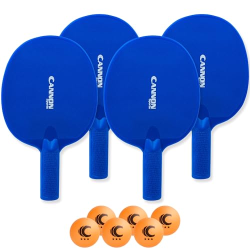 Cannon Sports Unbreakable Table Tennis Paddle Set - 4 Rackets with 6 Pack of 3-Star Table Tennis Balls – Portable Set for 4 Players - color: 4 Royal Blue Paddles + 6 Orange Balls