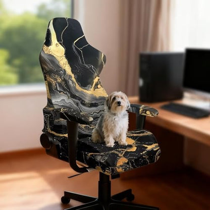 Suobstales Black Golden Marble Pattern Gaming Chair Cover with Armrest Covers, Stretchable Gaming Computer Office Chair Seat Cover Slipcovers with Zipper Universal Ergonomic Rotating Armchair Covers - color: Black Golden Marble